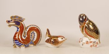 Royal Crown Derby paperweights to include Dragon, Kingfisher and Derby Wren. All silver stoppers (3)