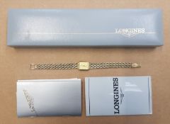 Ladies 9ct gold Longines quartz watch with original box, papers and sales receipt, overall weight of