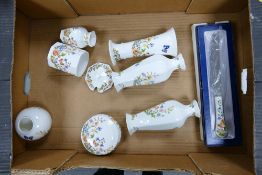 A Collection of Aynsley Cottage Garden Items to include Posy Vases, Lidded Pot, Jam Pot, Boxed Knife