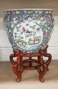 Large Chinese Famille Goldfish Bowl Style Planter on Stand. Height incl. stand: 50cm