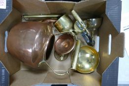 A Collection of Metalware to include Copper and Brass Kettle, Brass Bell, Burner, Scales and Bowl