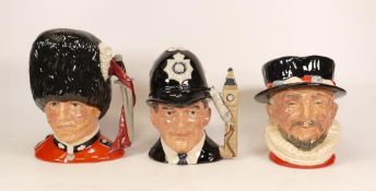 Royal Doulton 2nds Character Jugs Beefeater, The Guardsman and The London Bobby