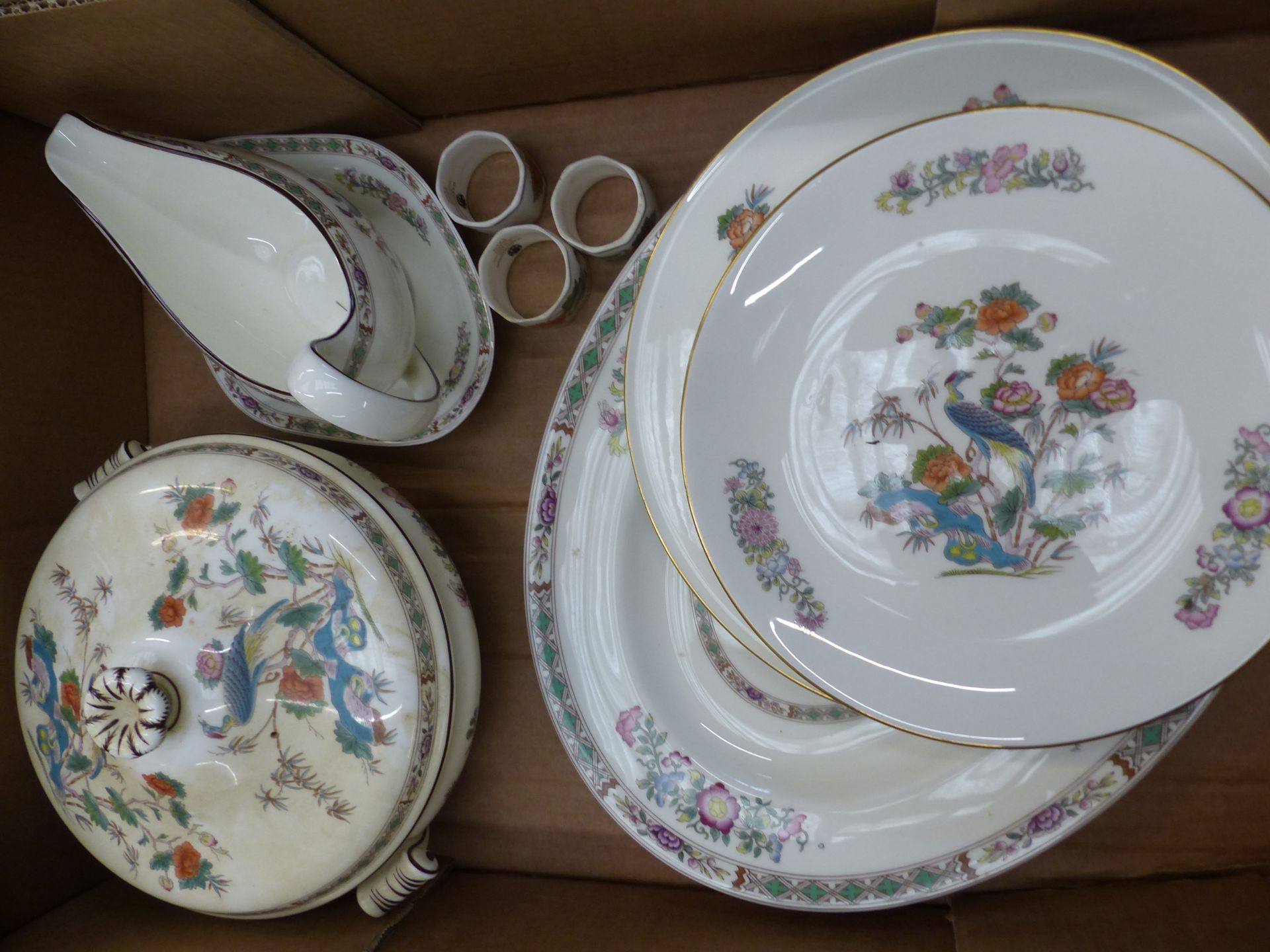 Wedgwood Kutani Crane pattern service ware items to include Lidded tureen, oval platter, gravy