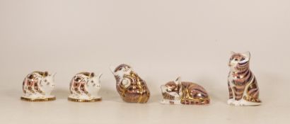 Royal Crown Derby paperweights to include Seated Imari Cat, Playful Cat, Sleeping Cat and Pair of