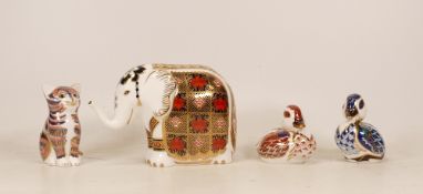 Royal Crown Derby paperweights to include Imari Elephant, Seated Kitten, Blue Sitting Duck and