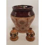 Three Stoneware Items to include two small Doulton Lambeth Vases and one unmarked Ashtray in the