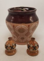 Three Stoneware Items to include two small Doulton Lambeth Vases and one unmarked Ashtray in the