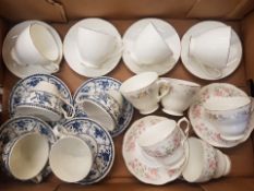 A collection of tea cups and saucers, to include Johnson Bros, Colclough, Mayfair examples etc (1