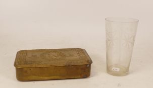 WWI period brass Queen Mary's tobacco box dated Christmas 1914 together with similar trench art type