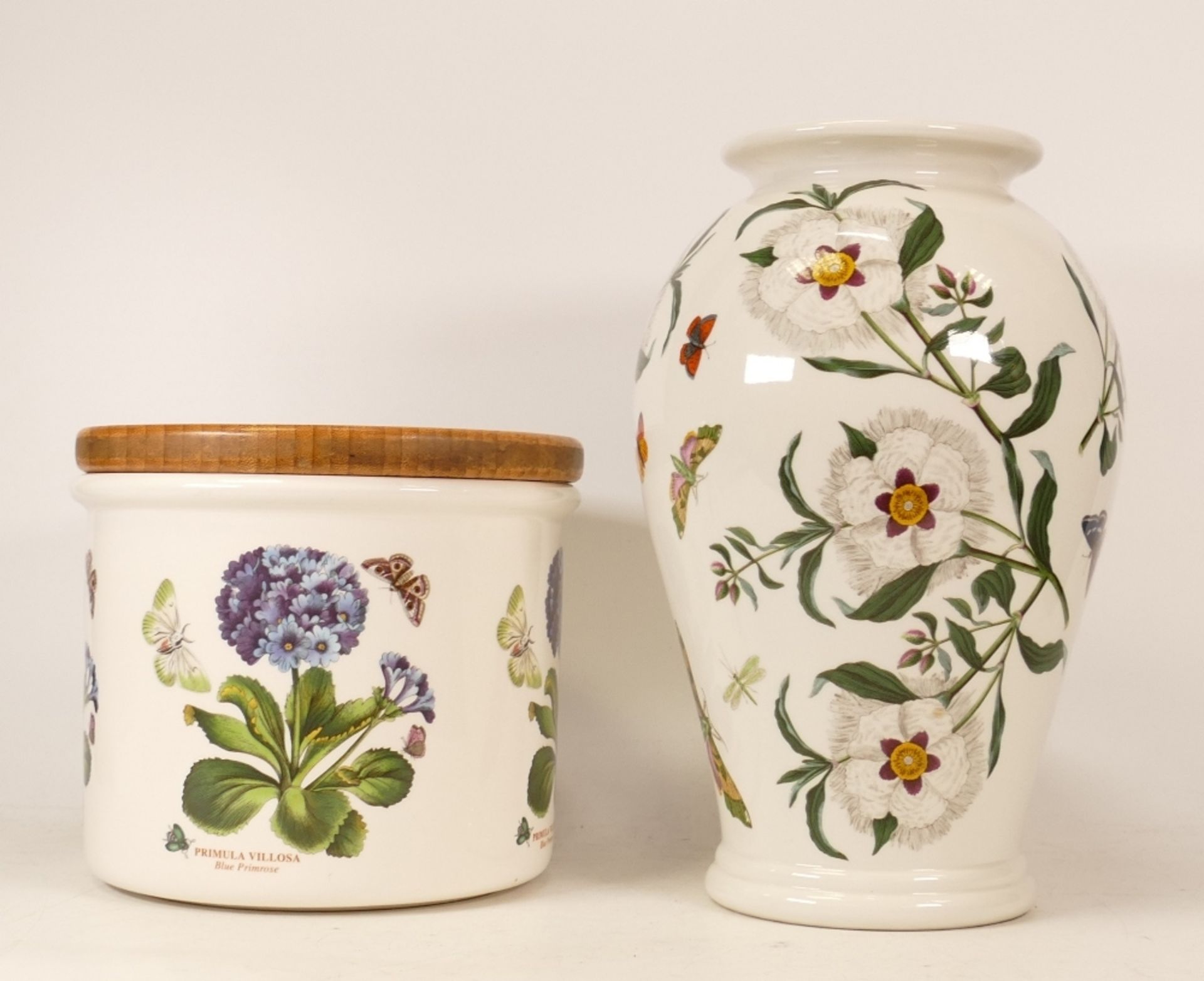 Portmeirion Botanic patterned vase & wooden lidded storage pot, height of tallest 25cm(2)