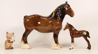 Three Beswick Figures to include Shire Horse 818 in Brown together with Beswick Pony and Comical Cat
