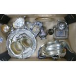 A collection of metal ware including some silver plated items to include serving tray, teapot,