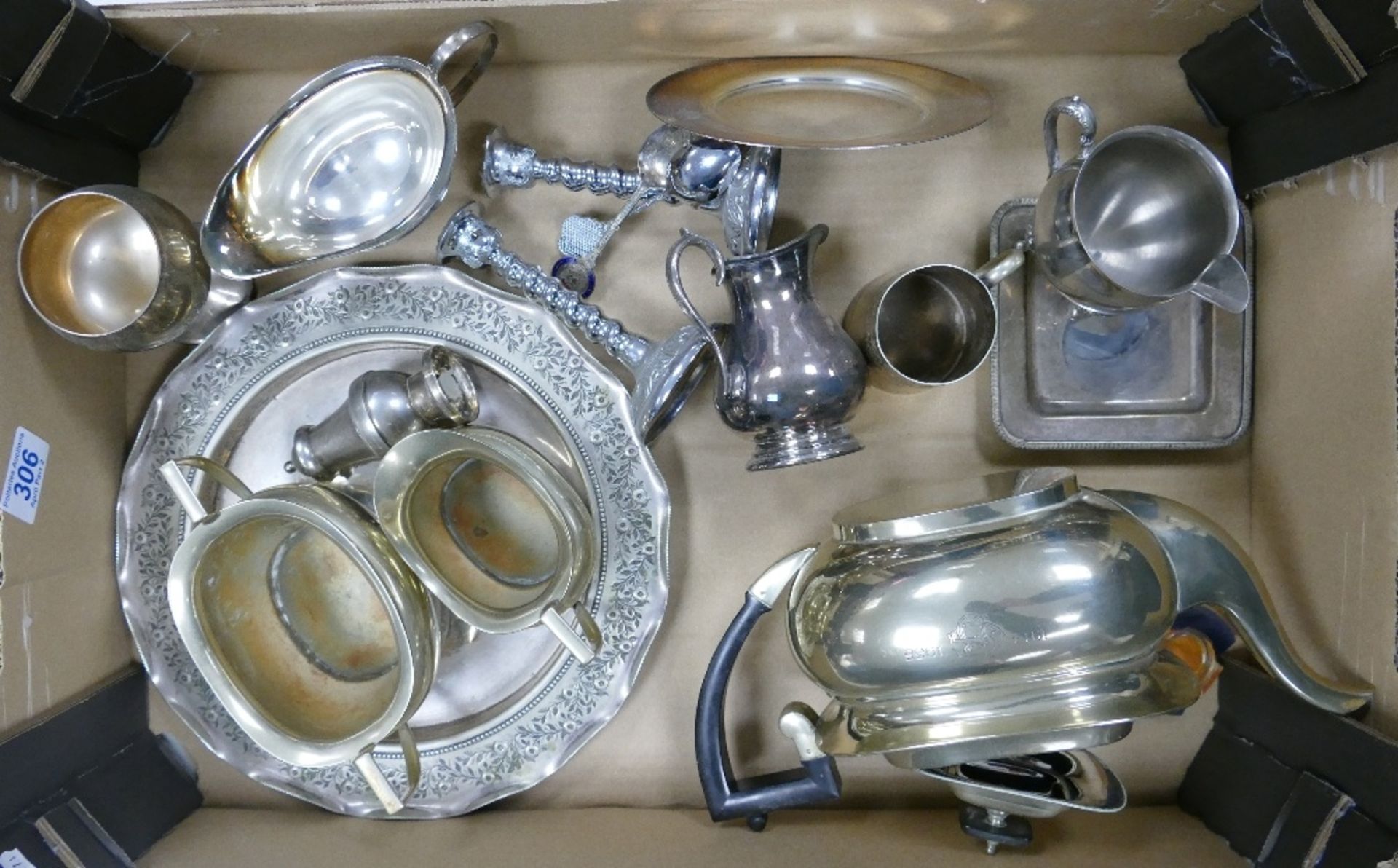 A collection of metal ware including some silver plated items to include serving tray, teapot,