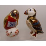 Royal Crown Derby paperweights Puffin and Kingfisher, gold stopper (2)