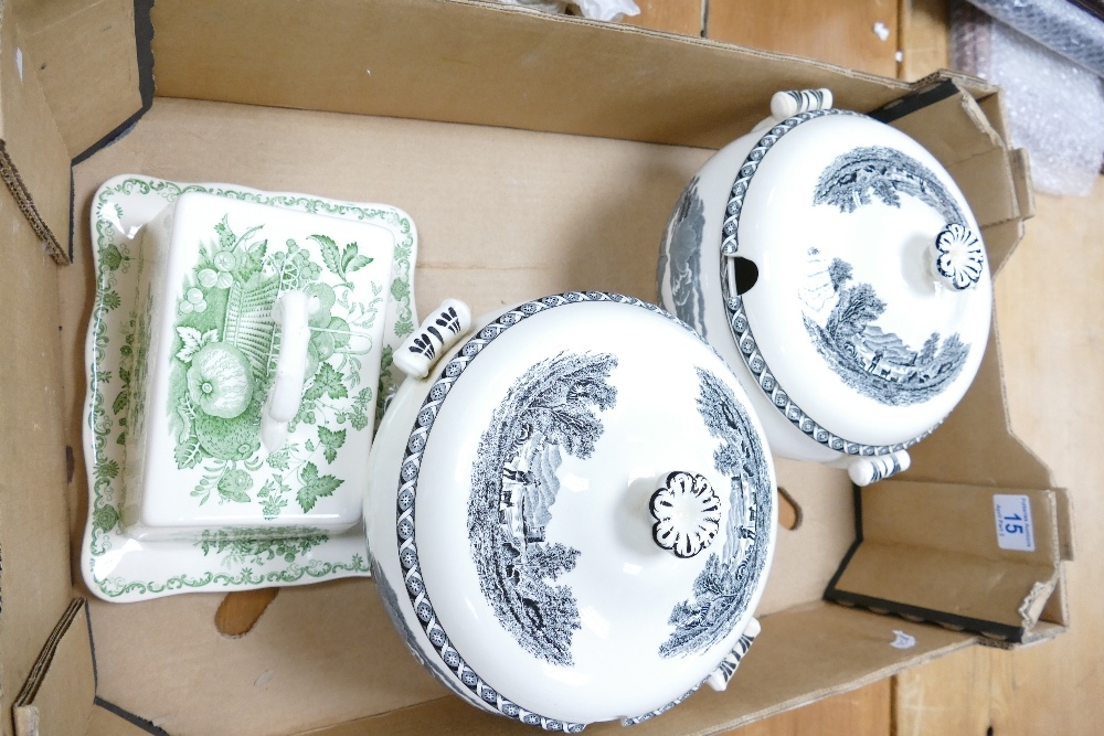A mixed collection of items to include two Wedgwood Lugano patterned soup tureens & Masons Green