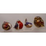 Royal Crown Derby paperweights Coot, Little Owl, Wren and Robin, gold stopper (4)