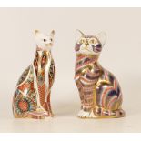 Boxed Royal crown Derby Paperweights Cat & Siamese Cat, both gold stoppers(2)