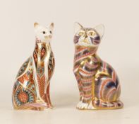 Boxed Royal crown Derby Paperweights Cat & Siamese Cat, both gold stoppers(2)