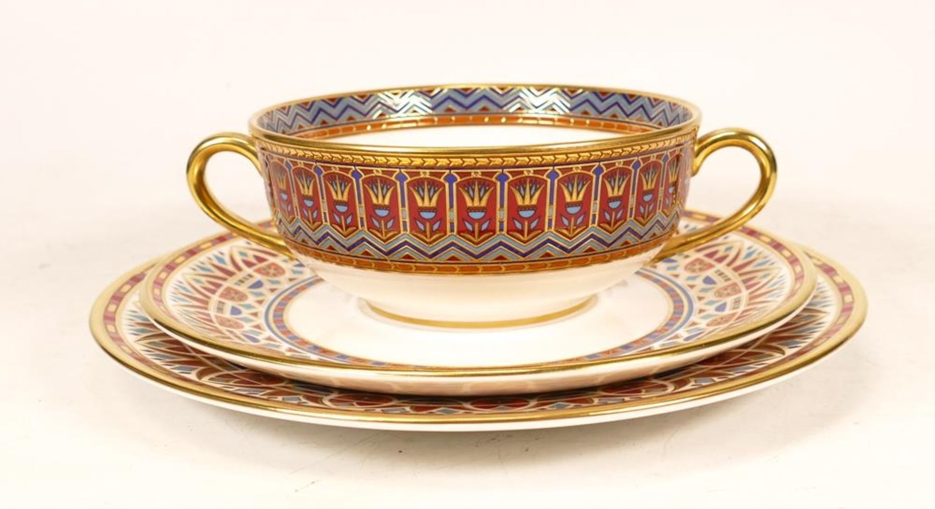 De Lamerie Fine Bone China heavily gilded Private Commission patterned Plate , Two Handled Cup