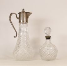 Cut glass scent bottle with silver rim together with cut glass claret jug with metal handle and