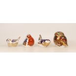 Royal Crown Derby paperweights Little Owl, Robin, Wren and Goldcrest, gold stopper (4)