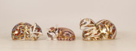 Royal Crown Derby Paperweights Contented Cat, Contented Kitten and Sleeping Imari Kitten, gold
