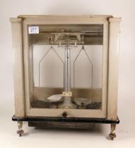 Stanton Instruments Ltd. Model C26 Cased Chemist Scales in Grey Painted Wood Case with Five Glass