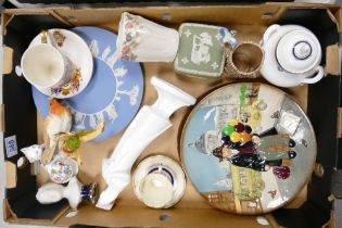 A collection of various pottery including Wedgwood jasperware, Spode white lady figure,Royal Doulton