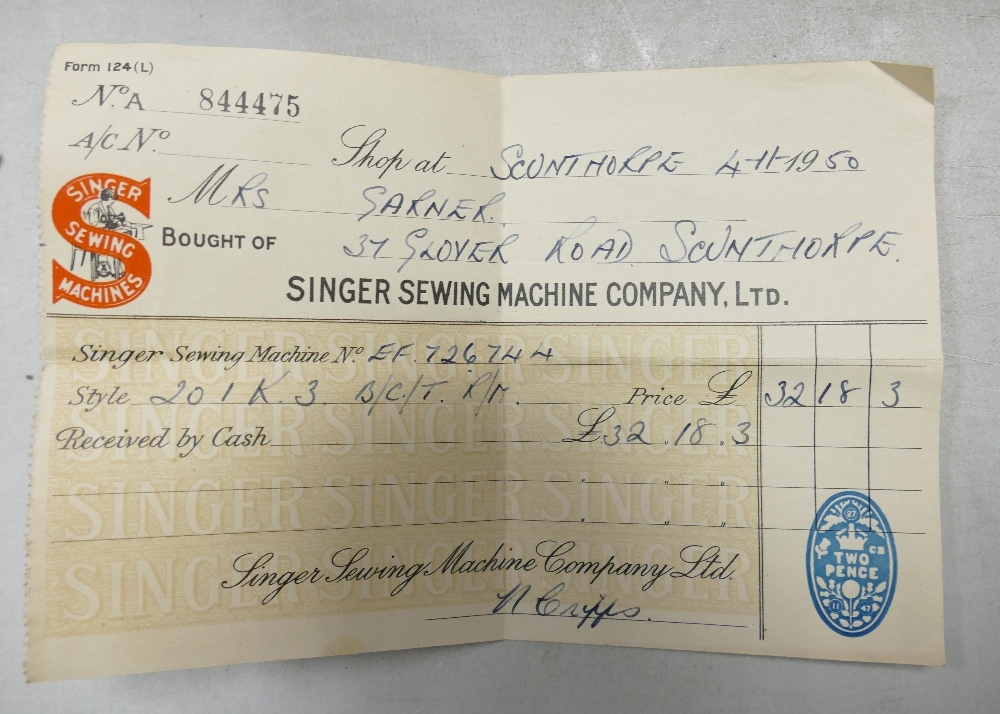 A Cased Singer Sewing Machine No. EF726744 Style 201K.4. B/C/T. R/M. Original Receipt dated to - Image 2 of 5