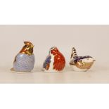 Royal Crown Derby Paperweights Waxwing, Robin and Wren, gold stopper (3)