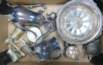 A collection of metal ware including some silver plated items to include coffee pot, cream jug,