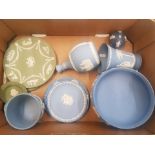 A Collection of Wedgwood Blue and Sage Green Jasperware to include Blue Footed Bowl, Vases,