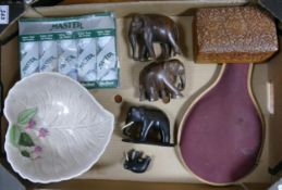 A Mixed Collection of Items to include Ebony Elephant Figures, Table Tennis Bat, Crown Devon Fruit