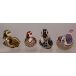 Royal Crown Derby paperweights Swimming Duck, Blue Duck, Green Duck and Goldcrest, gold stopper (4)