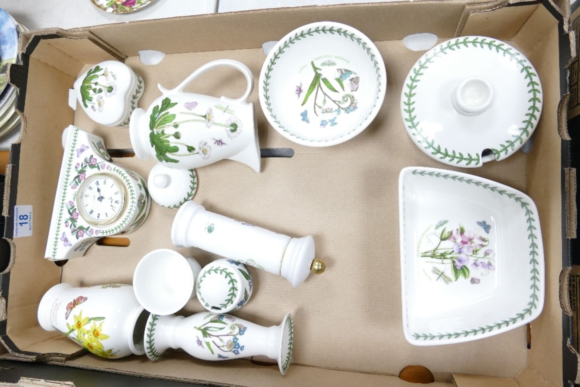 A collection of Portmeirion Botanic patterned items including mantle clock, jug, preserve pot etc