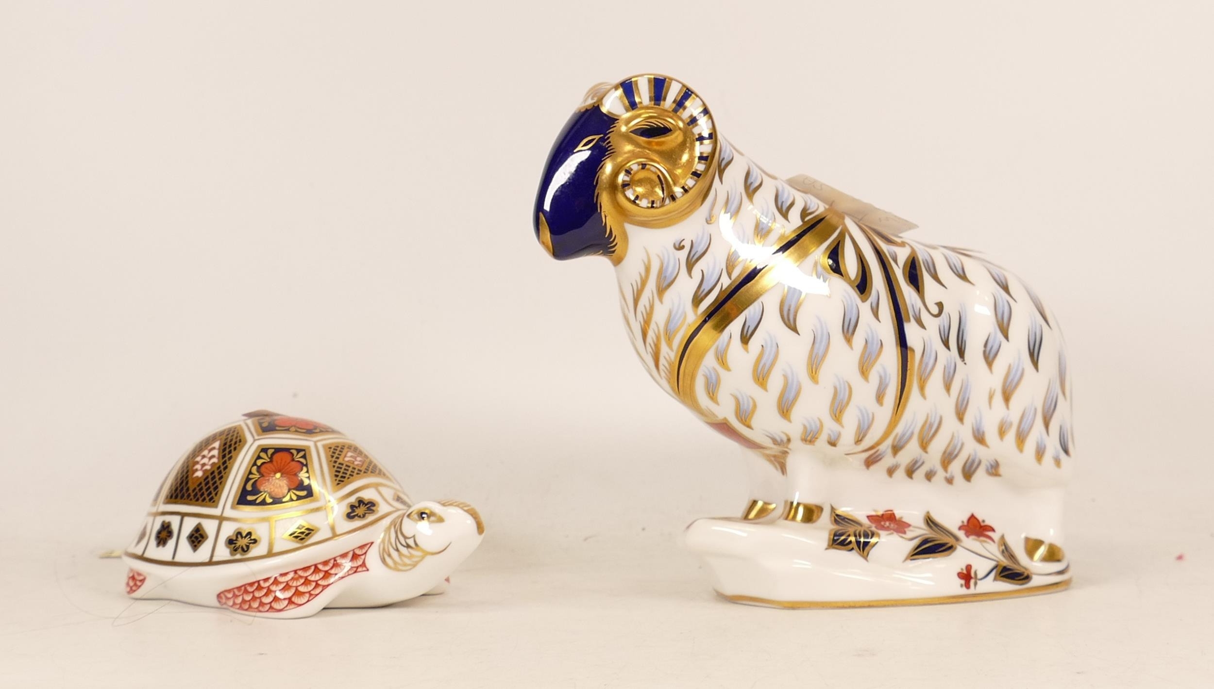 Royal Crown Ram an Turtle Paperweights. Silver stoppers. (2)