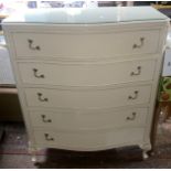 Ivory Gilt chest of 5 drawers with floating glass top, 91cm wide.