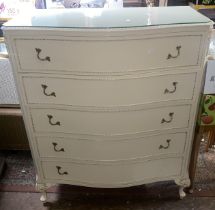 Ivory Gilt chest of 5 drawers with floating glass top, 91cm wide.