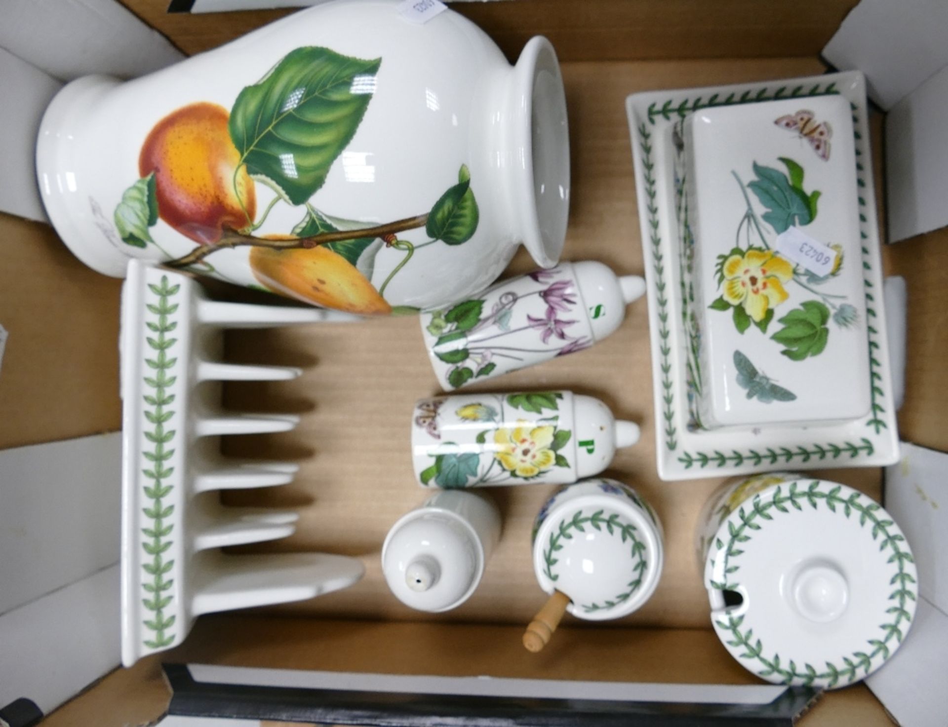 A Collection of Portmerion Botanical Ware to include Baluster Vase, Butter Dish, Toast Rack, Jam
