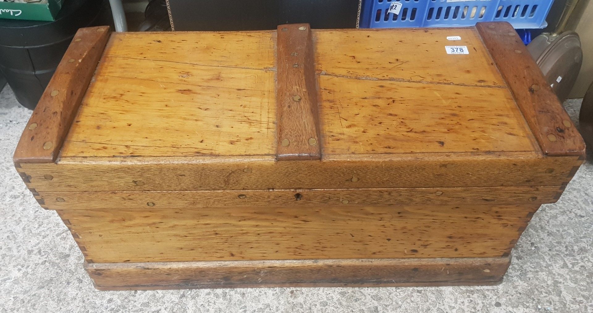 19th century wooden tool chest with good assortment of tools including Chisels, planes etc.