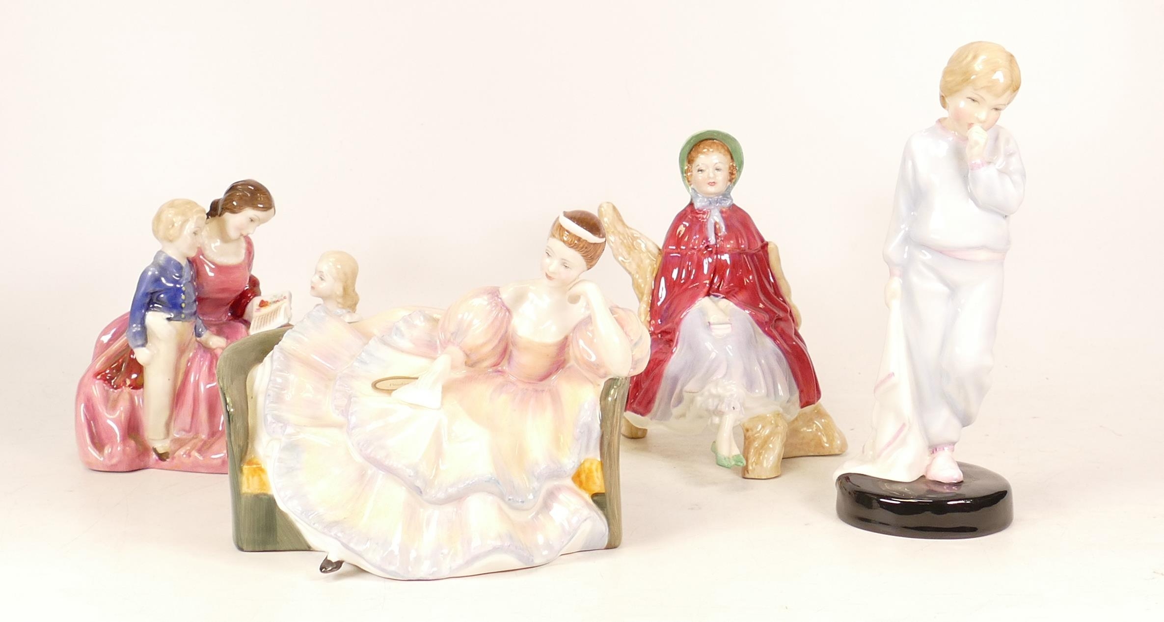 Four Royal Doulton figures to include The Bedtime Story HN2059, Pauline HN2441, Sleepy Darling