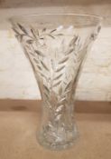 A Large Flared Crystal Vase with Etched Floral Decoration. Height: 35cm