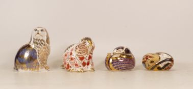 Royal Crown Derby Paperweights King Charles Spaniel, Beaver, Door Mouse and Harvest Mouse, gold