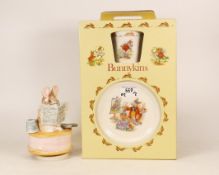 A Royal Doulton Bunnykins 3 Piece Childrens Set with Box together with Schmid Beatrix Potter Musical