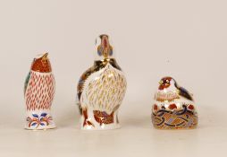 Royal Crown Derby Paperweights Puffin, Nesting Goldfinch and Kingfisher, gold stopper (3)