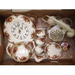 Royal Albert Old Country Roses pattern items to include a wall clock, dial-up telephone, cups and