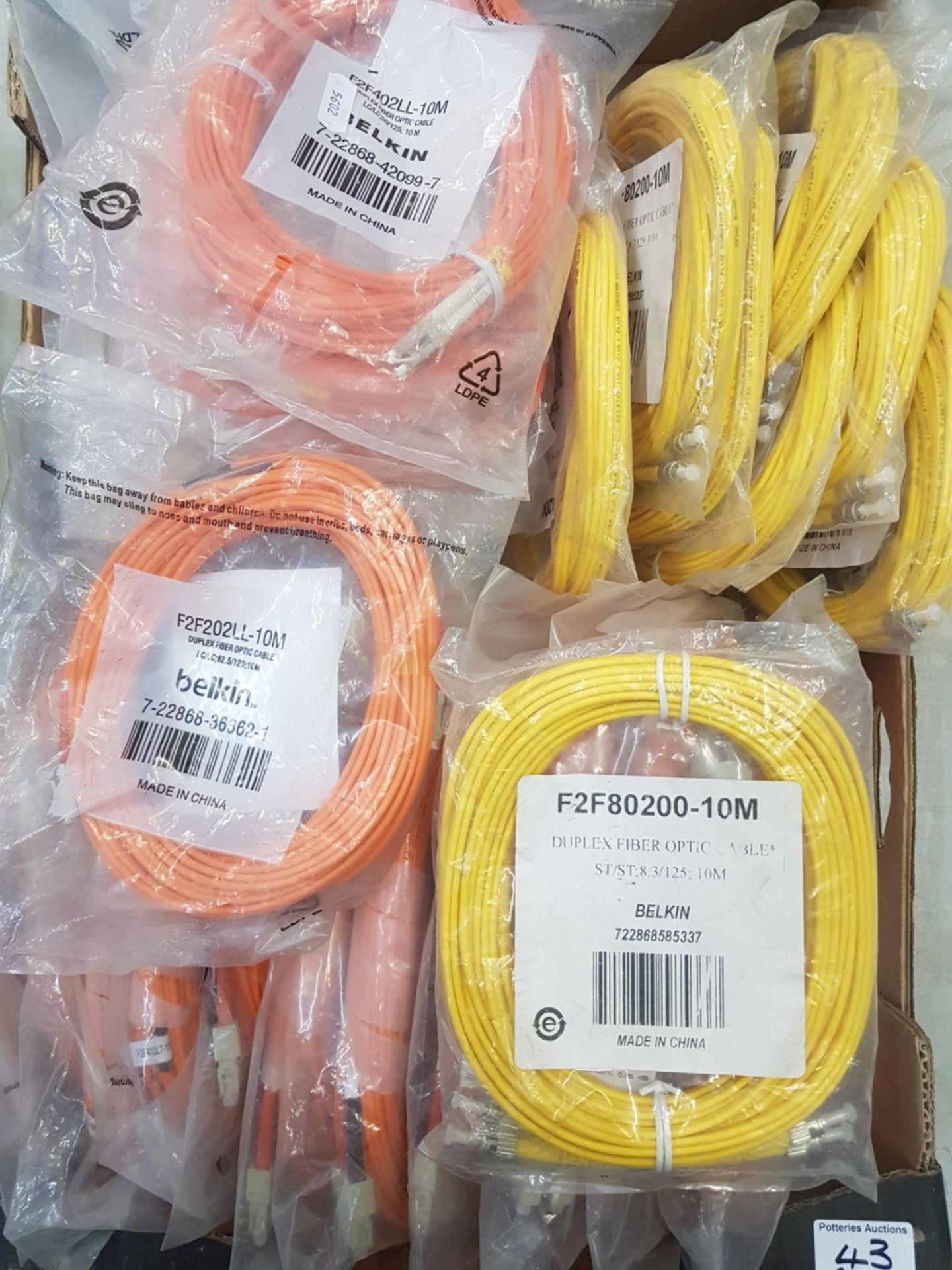 A quantity of Belkin 10/15m Duplex Fibre Optic cables, F2F80200 & F2F202LL etc, approx 30 (1 tray).