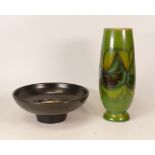 Mid Century Poole Pottery Black Panther Pattern Footed Bowl, similar green vase, height of tallest