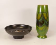 Mid Century Poole Pottery Black Panther Pattern Footed Bowl, similar green vase, height of tallest