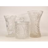 Large heavy glass vase together with footed vase and glass storage jar (3)